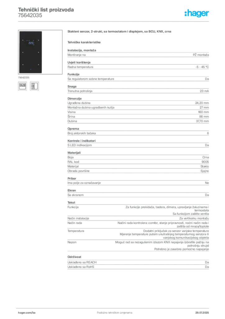 Slika Hager Product data sheet 75642035  | Hager