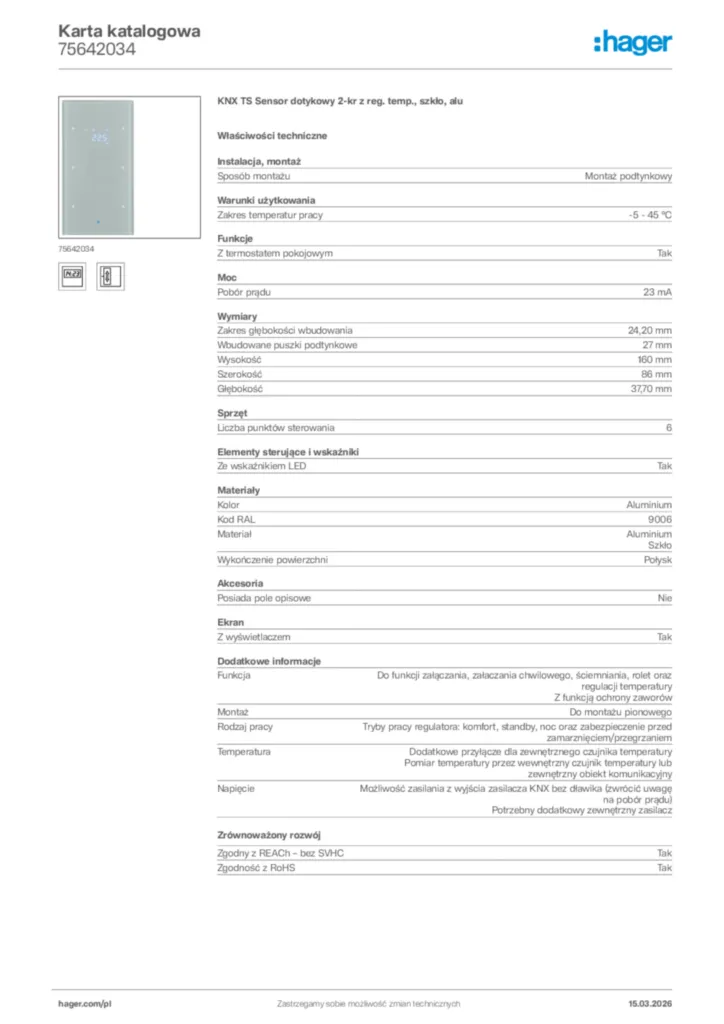 Zdjęcie Hager Karta katalogowa 75642034 | Hager Polska