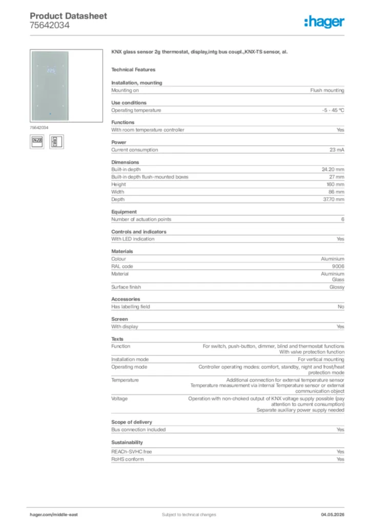 Image Hager Product data sheet 75642034  | Hager