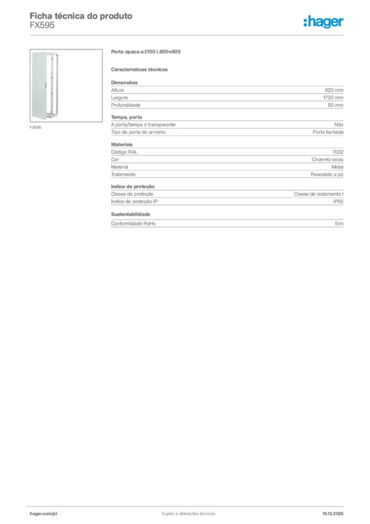 Imagem Hager Ficha técnica do produto FX595 | Hager Portugal