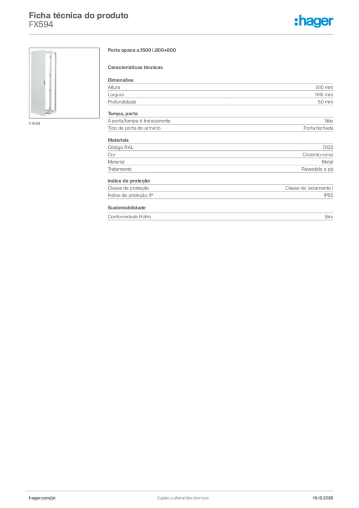 Imagem Hager Ficha técnica do produto FX594 | Hager Portugal
