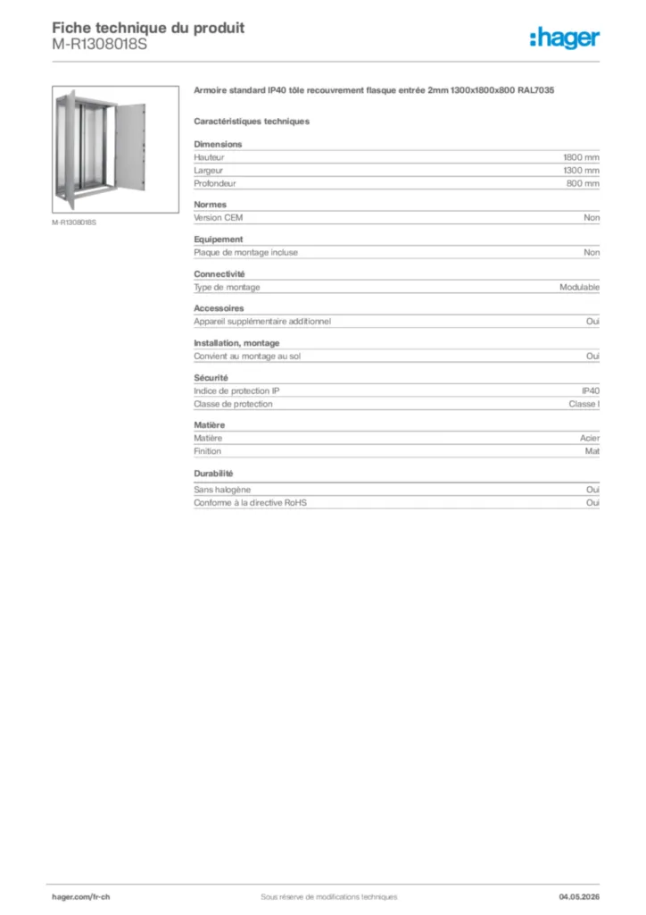 Image Hager Fiche technique du produit M-R1308018S | Hager Suisse