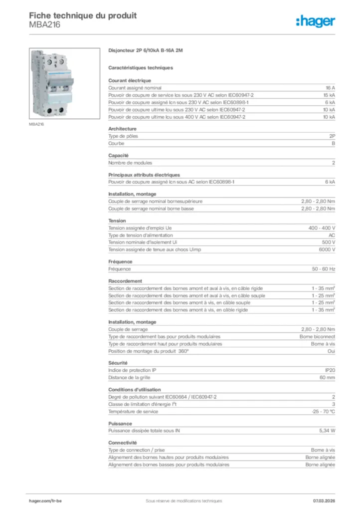 Image Hager Fiche technique du produit MBA216 | Hager Belgique