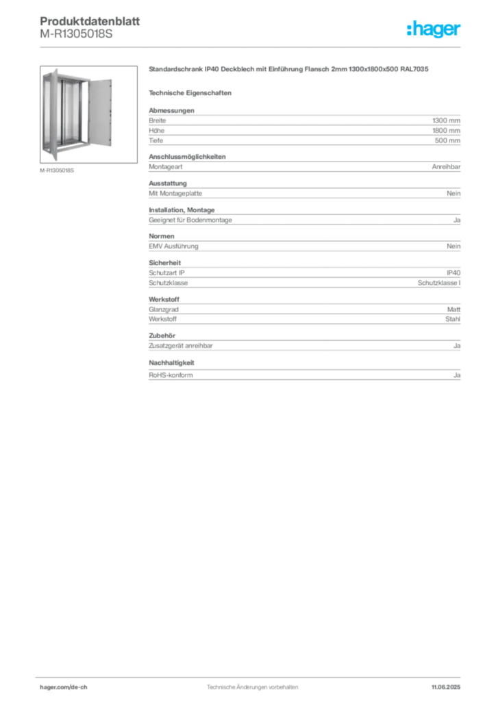 Bild Hager Produktdatenblatt M-R1305018S | Hager Schweiz
