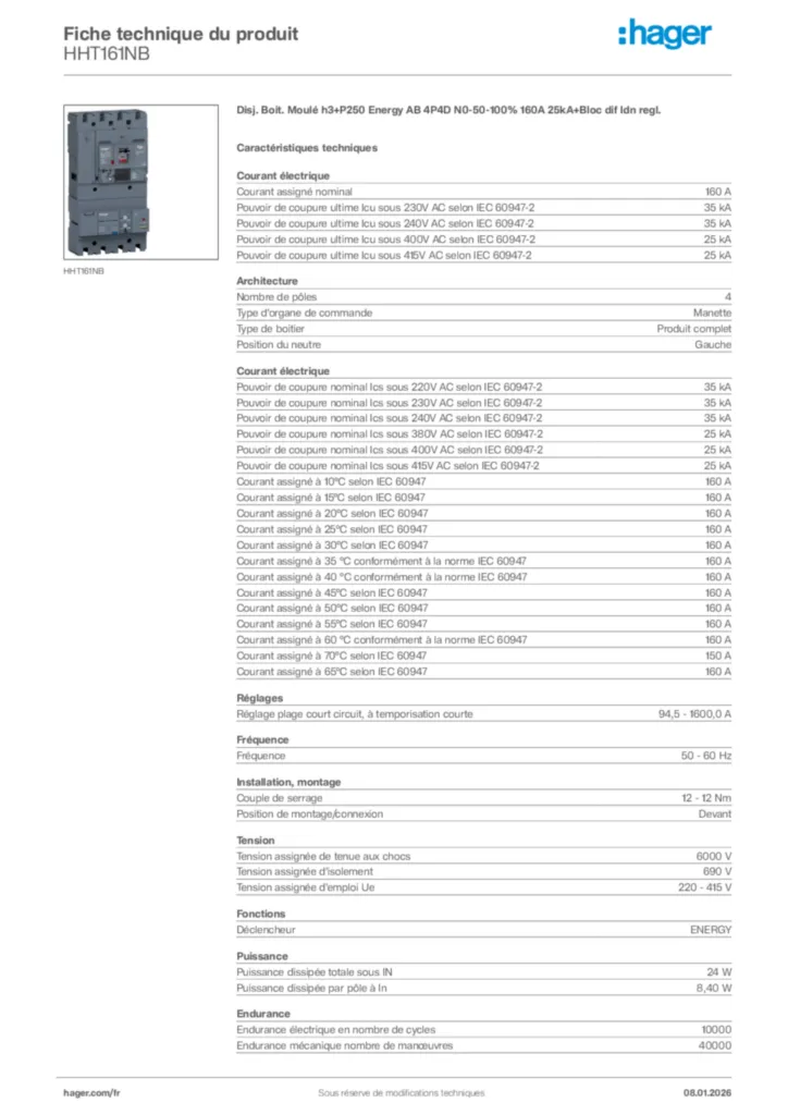 Image Hager Fiche technique du produit HHT161NB | Hager France