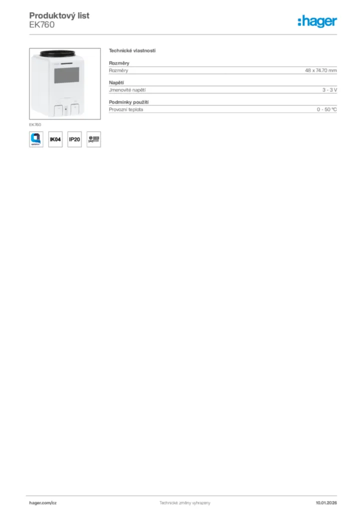 Obrázek Hager Product data sheet EK760 | Hager