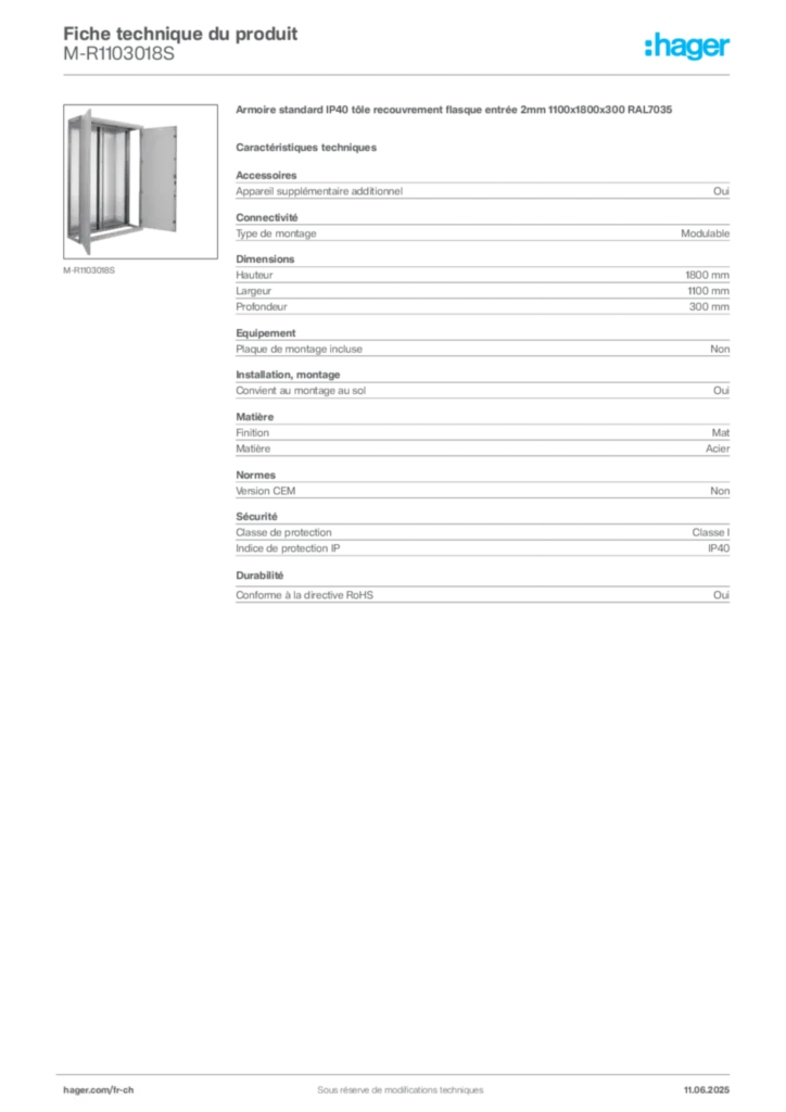 Image Hager Fiche technique du produit M-R1103018S | Hager Suisse