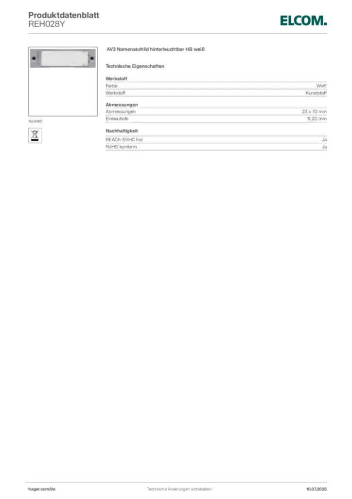 Bild Elcom Produktdatenblatt REH028Y | Hager Deutschland