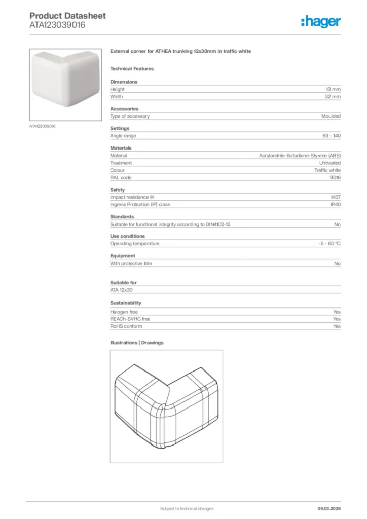 Image Hager Product data sheet ATA123039016  | Hager Africa