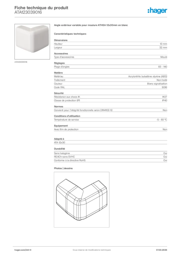 Image Hager Fiche technique du produit ATA123039016 | Hager Afrique