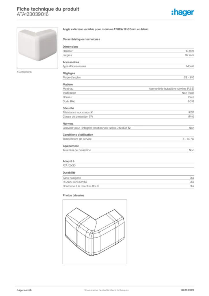 Image Hager Fiche technique du produit ATA123039016 | Hager France