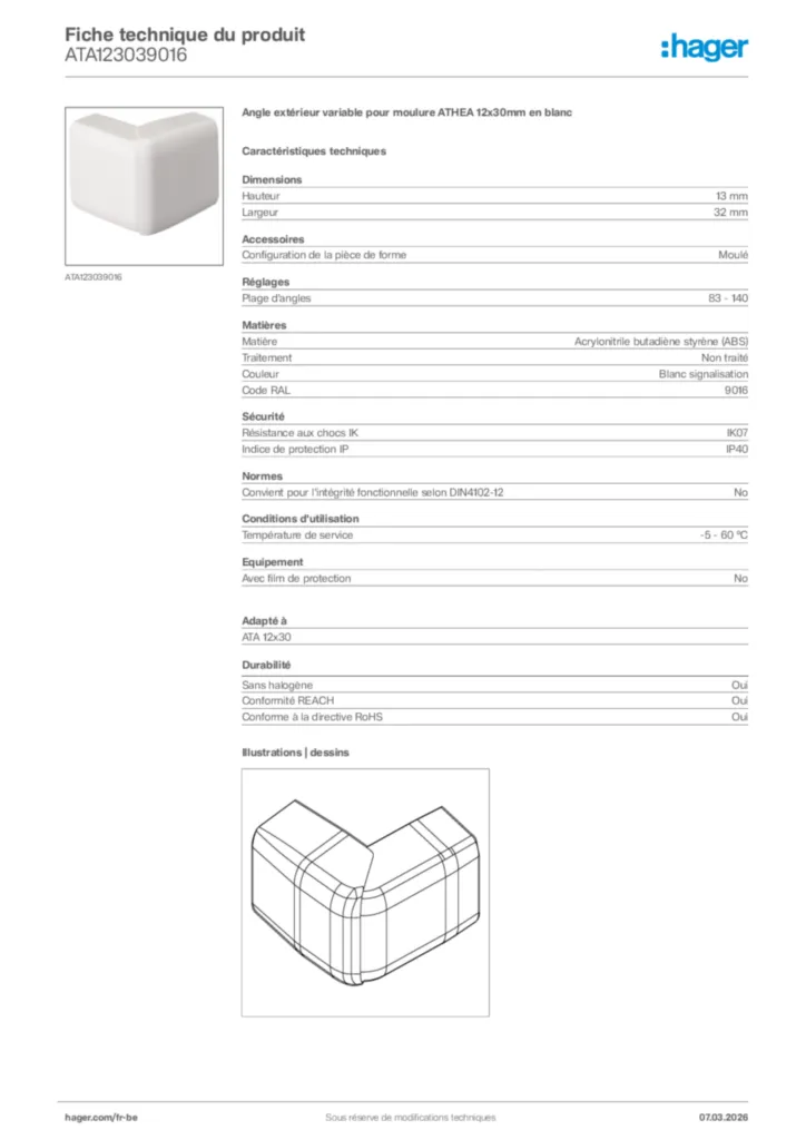 Image Hager Fiche technique du produit ATA123039016 | Hager Belgique
