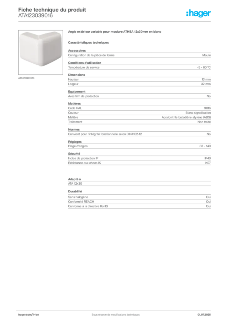 Image Hager Fiche technique du produit ATA123039016 | Hager Belgique