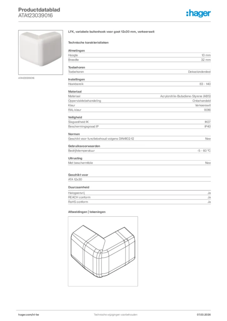 Afbeelding Hager Productdatablad ATA123039016 | Hager Belgium