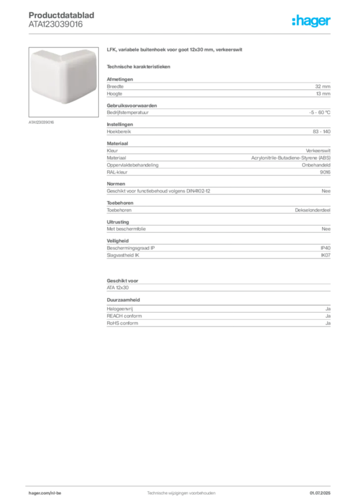 Afbeelding Hager Productdatablad ATA123039016 | Hager Belgium