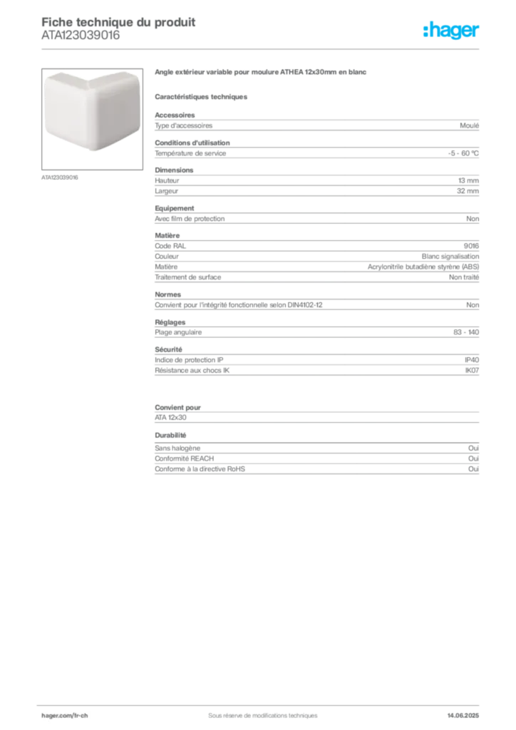 Image Hager Fiche technique du produit ATA123039016 | Hager Suisse