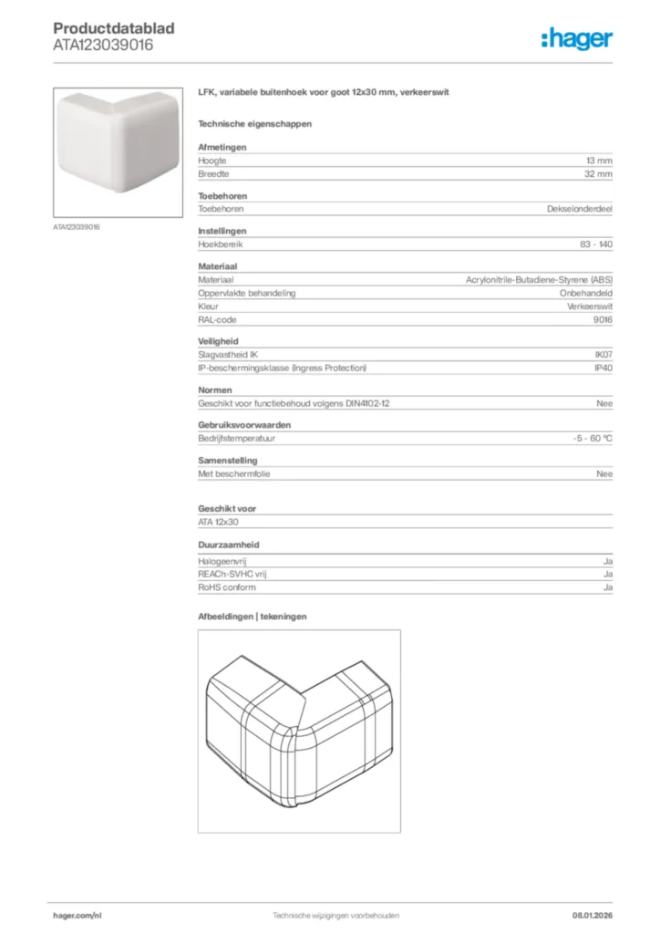 Afbeelding Hager Productdatablad ATA123039016 | Hager Nederland