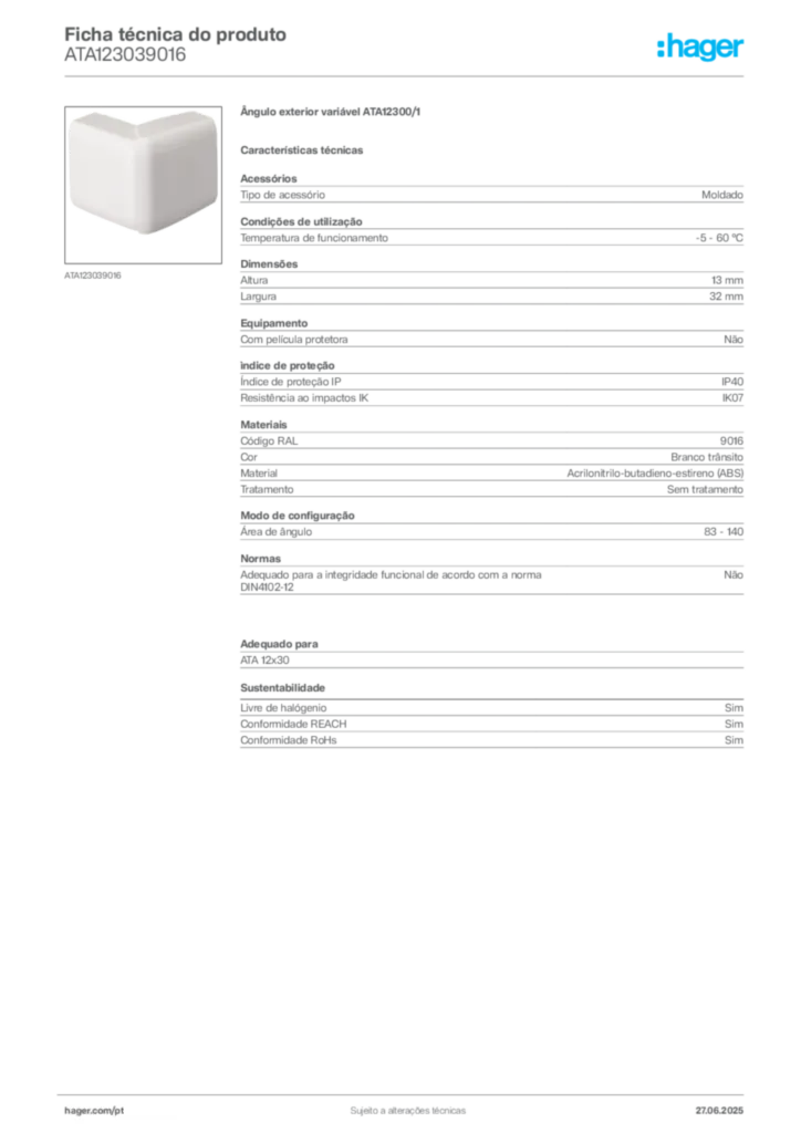 Imagem Hager Ficha técnica do produto ATA123039016 | Hager Portugal