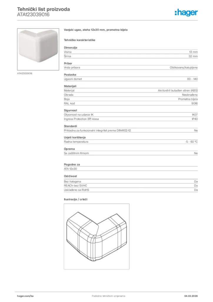 Slika Hager Tehnički list proizvoda ATA123039016  | Hager
