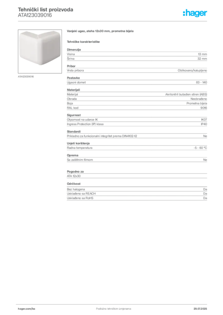 Slika Hager Product data sheet ATA123039016  | Hager