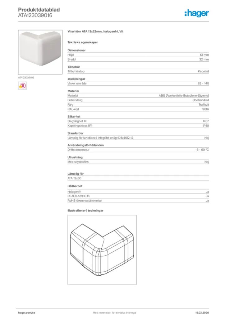 Bild Hager Produktdatablad ATA123039016 | Hager Sverige