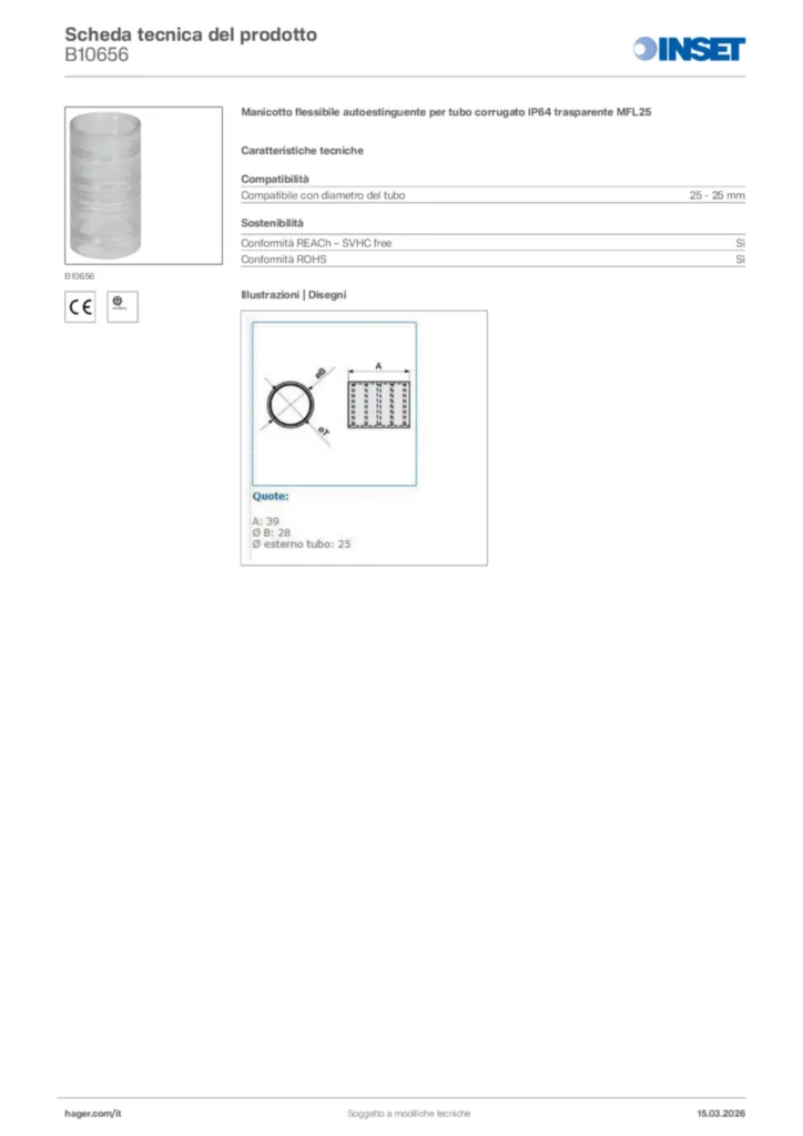 Immagine Inset Scheda tecnica del prodotto B10656 | Hager Italia