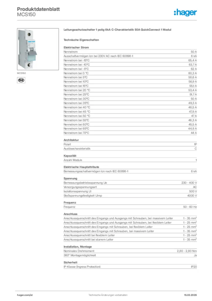 Bild Hager Produktdatenblatt MCS150 | Hager Deutschland