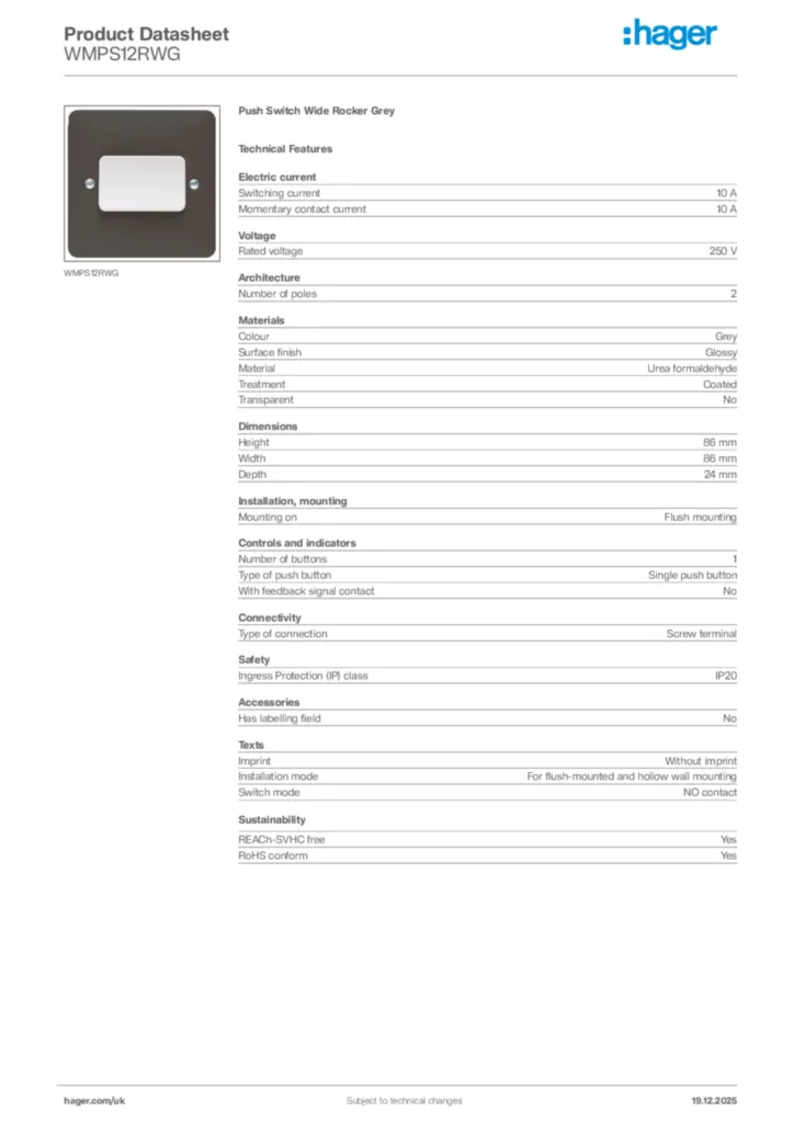 Image Hager Product data sheet WMPS12RWG  | Hager