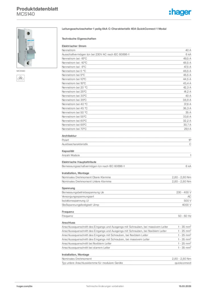 Bild Hager Produktdatenblatt MCS140 | Hager Deutschland