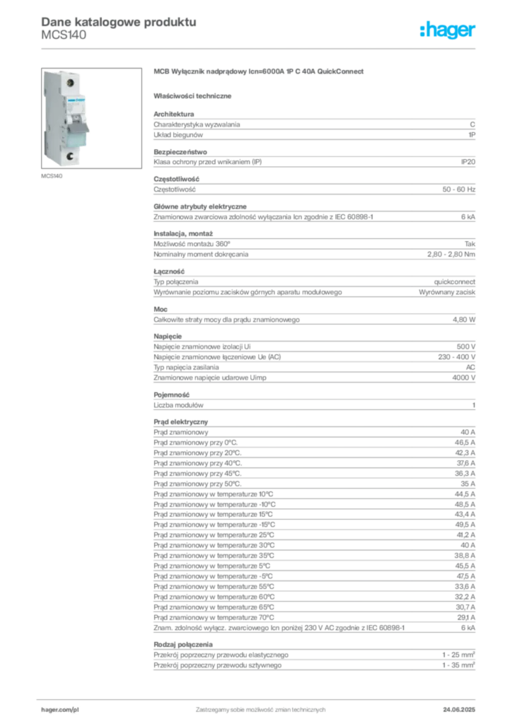 Zdjęcie Hager Karta katalogowa MCS140 | Hager Polska