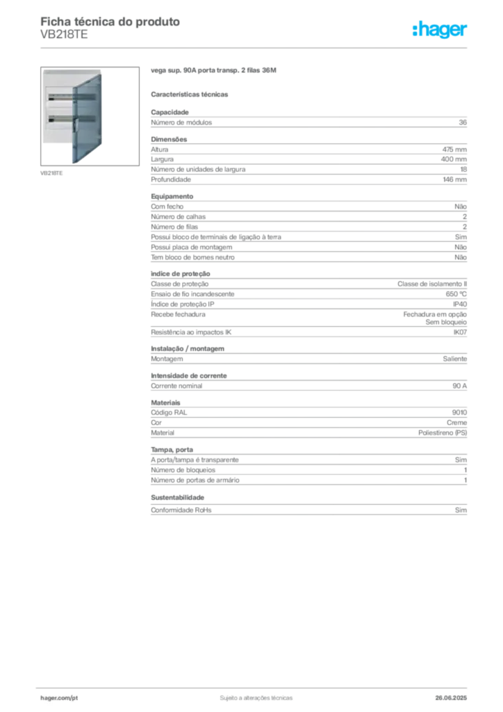 Imagem Hager Ficha técnica do produto VB218TE | Hager Portugal