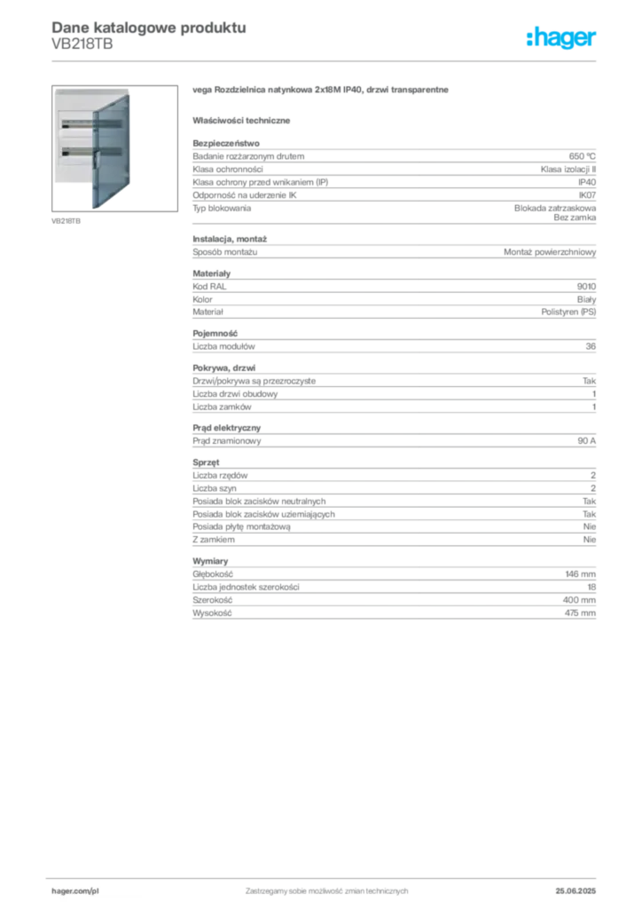 Zdjęcie Hager Karta katalogowa VB218TB | Hager Polska