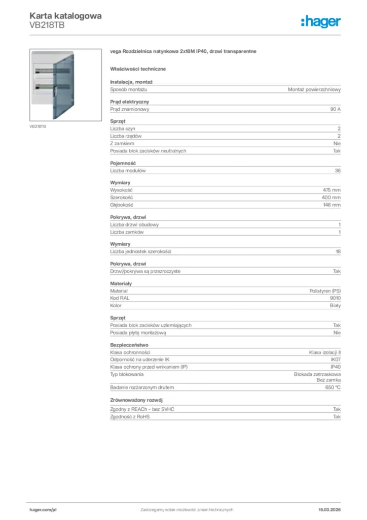Zdjęcie Hager Karta katalogowa VB218TB | Hager Polska
