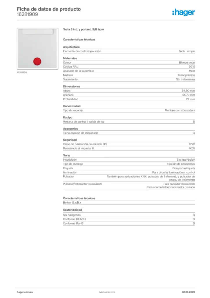 Imagen Hager Ficha de datos de producto 16281909 | Hager España