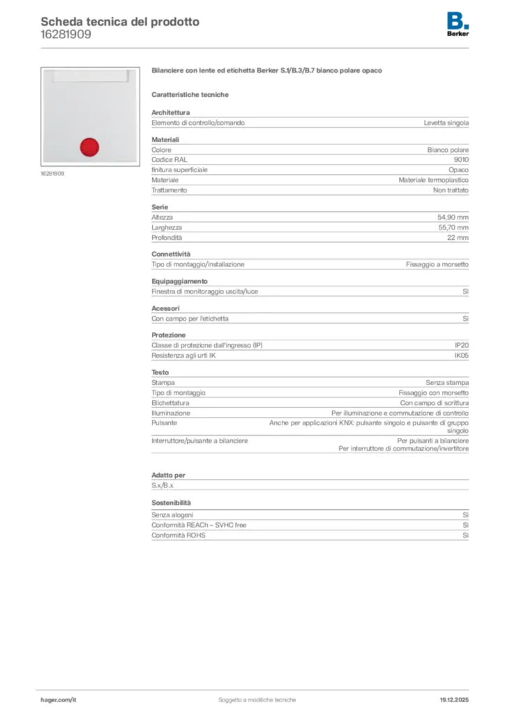 Immagine Berker Scheda tecnica del prodotto 16281909 | Hager Italia