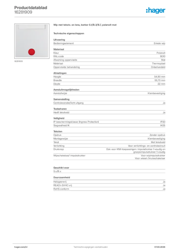 Afbeelding Hager Productdatablad 16281909 | Hager Nederland