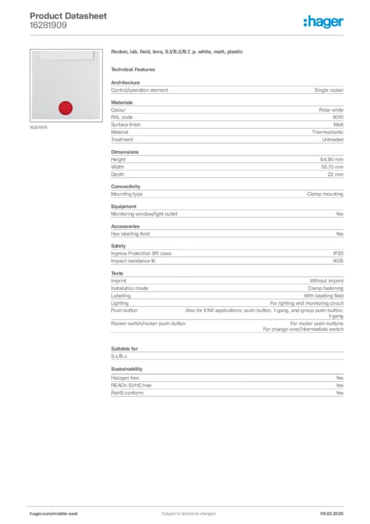 Image Hager Product data sheet 16281909  | Hager