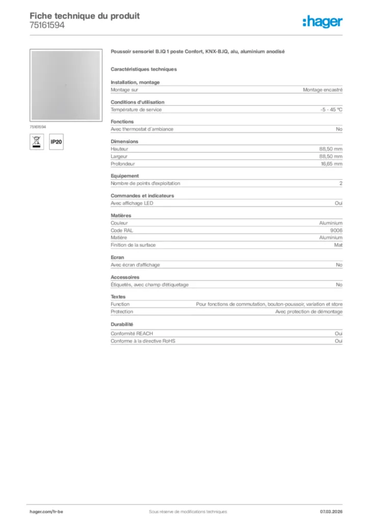 Image Hager Fiche technique du produit 75161594 | Hager Belgique