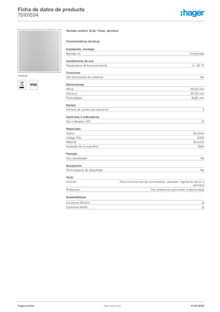 Imagen Hager Ficha de datos de producto 75161594 | Hager España