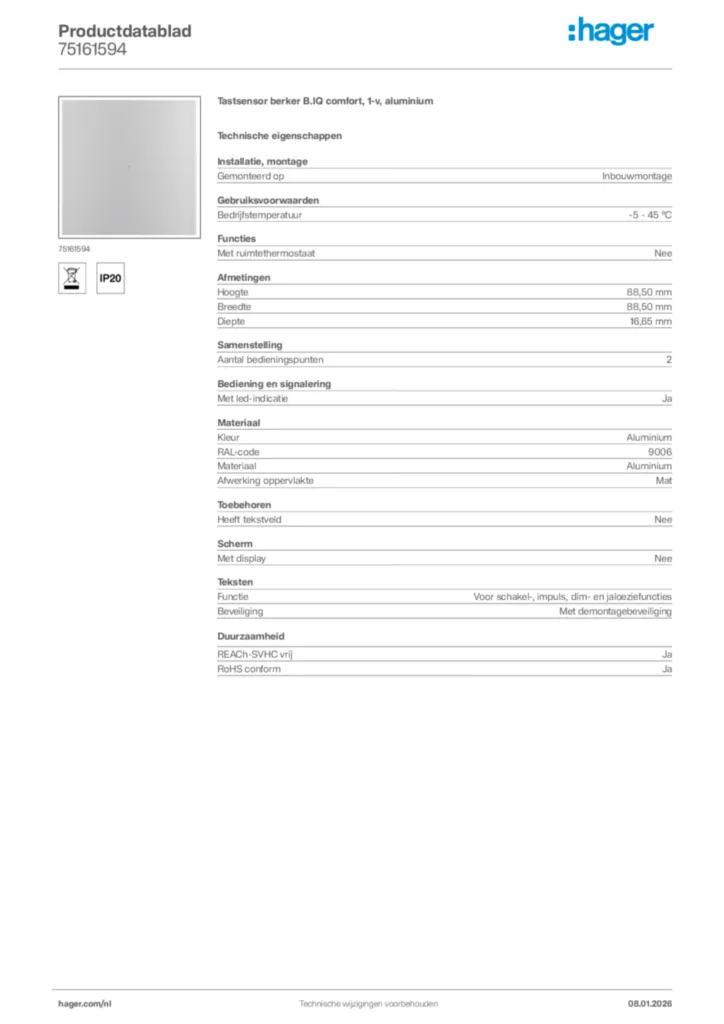 Afbeelding Hager Productdatablad 75161594 | Hager Nederland