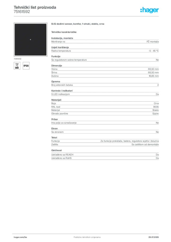 Slika Hager Product data sheet 75161592  | Hager