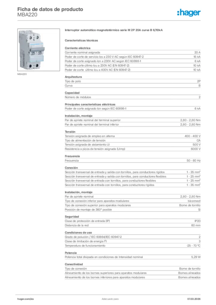 Imagen Hager Ficha de datos de producto MBA220 | Hager España