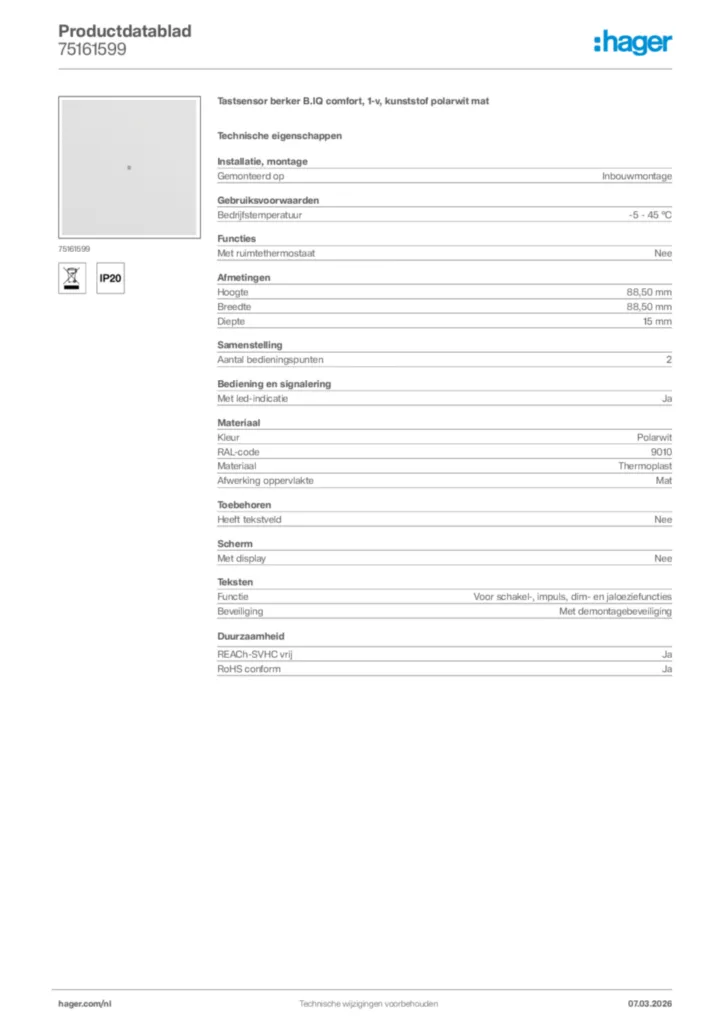 Afbeelding Hager Productdatablad 75161599 | Hager Nederland
