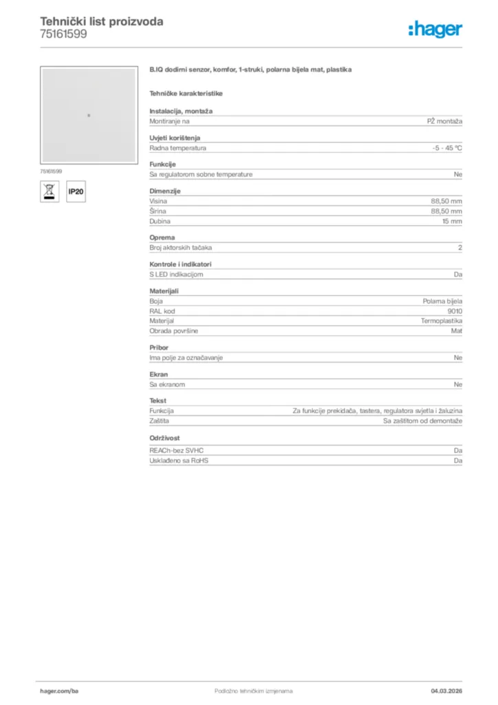 Slika Hager Tehnički list proizvoda 75161599  | Hager