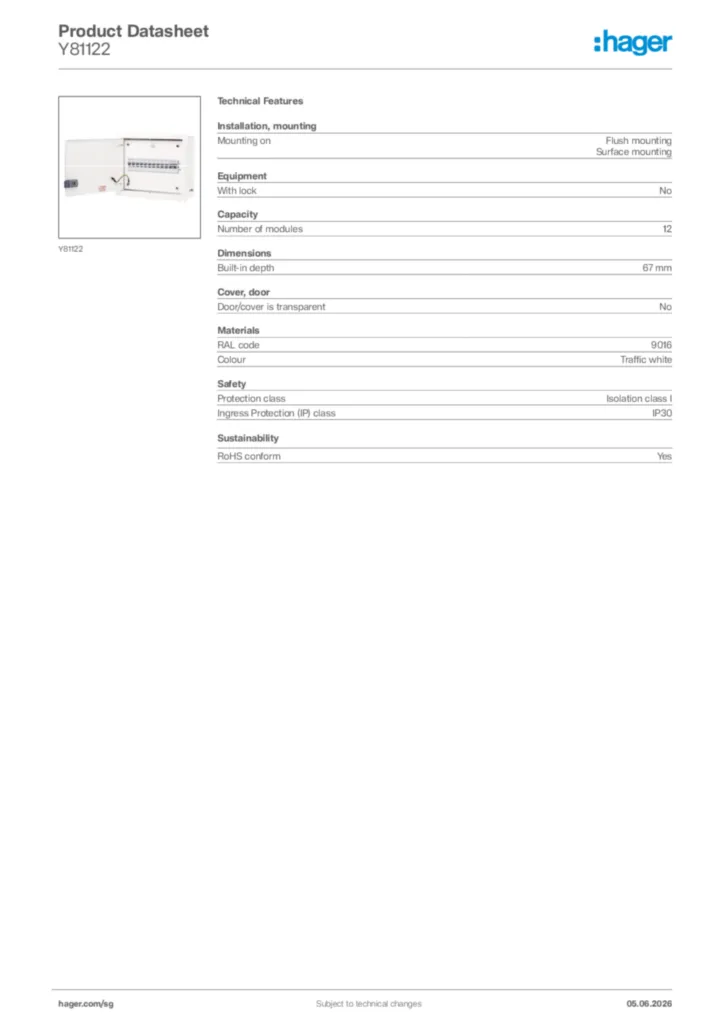 Image Hager Product data sheet Y81122  | Hager