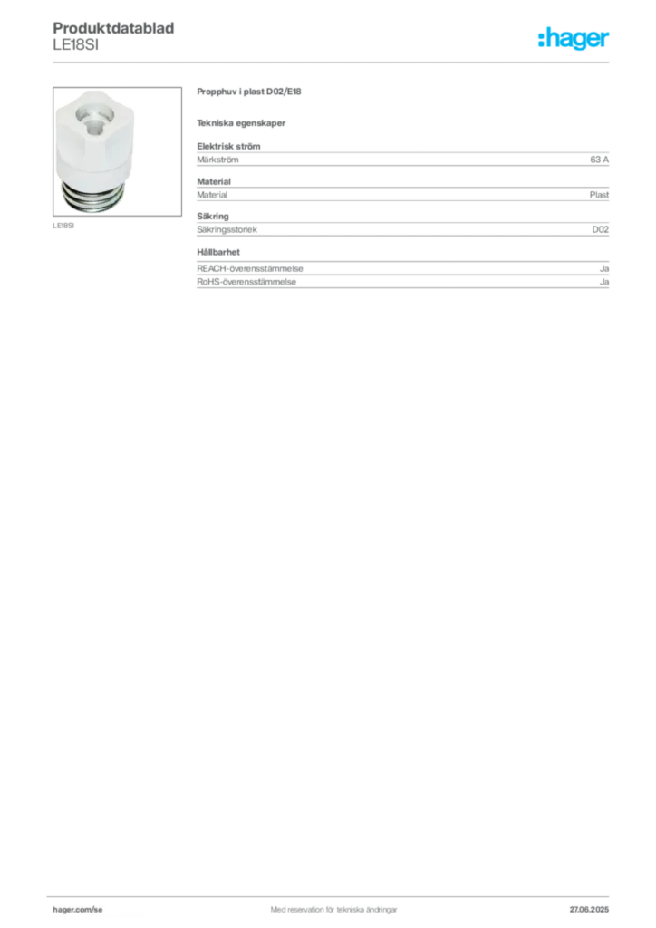 Bild Hager Produktdatablad LE18SI | Hager Sverige