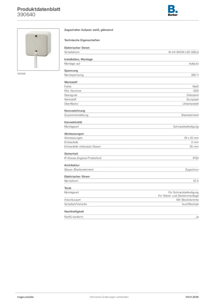 Bild Berker Produktdatenblatt 390640 | Hager Deutschland