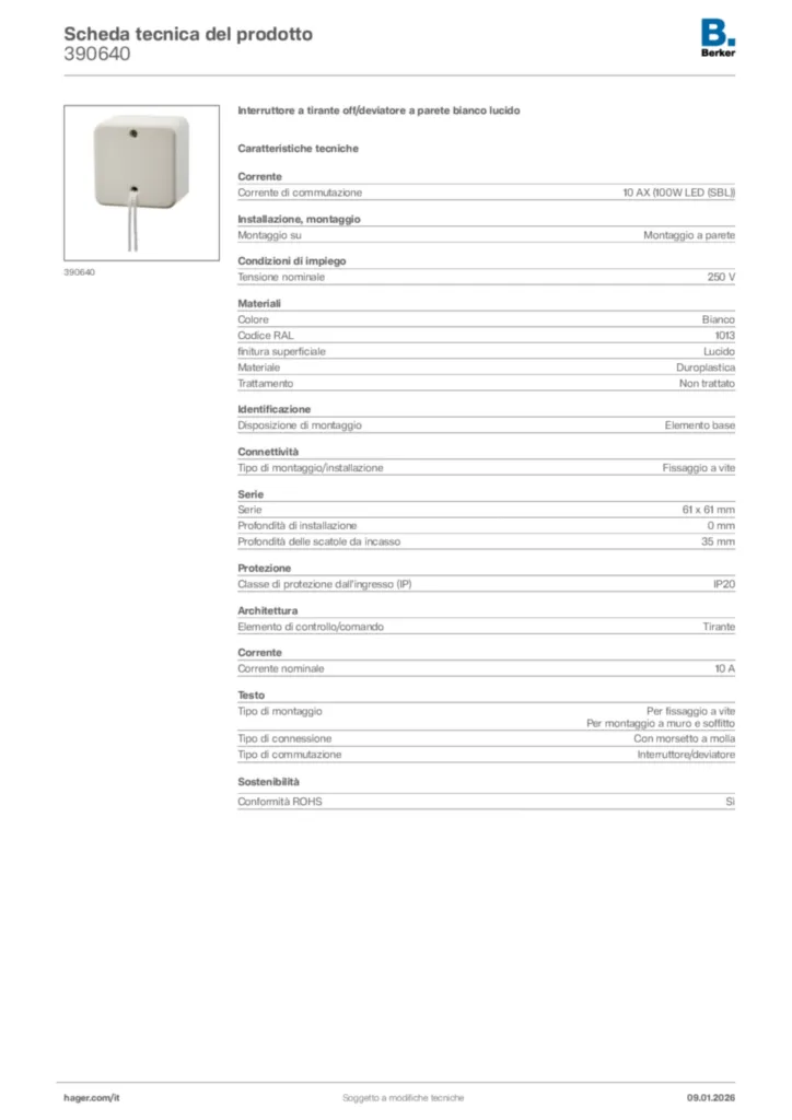 Immagine Berker Scheda tecnica del prodotto 390640 | Hager Italia