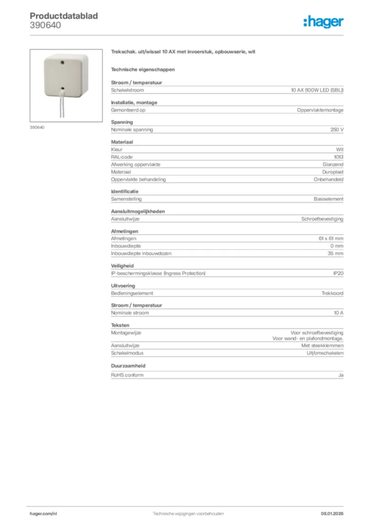 Afbeelding Hager Productdatablad 390640 | Hager Nederland