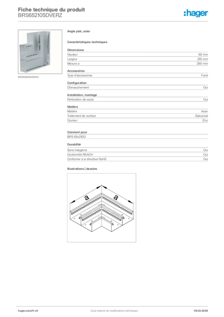 Image Hager Fiche technique du produit BRS652105DVERZ | Hager Suisse